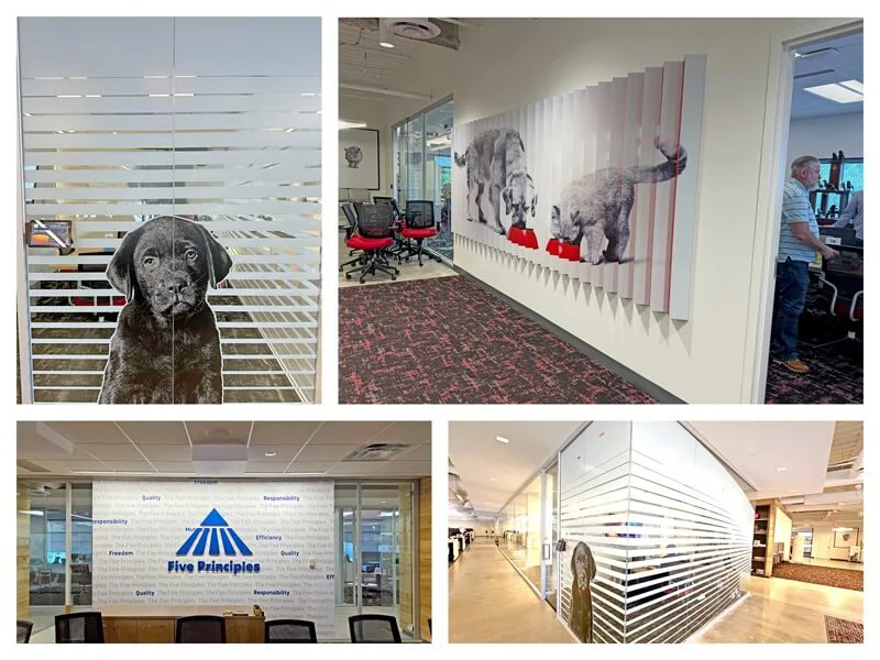 A collage of the blinds with dogs eating out of a bowl graphics and several privacy window graphics depicting dogs and the Royal Canin Five Priniciples.